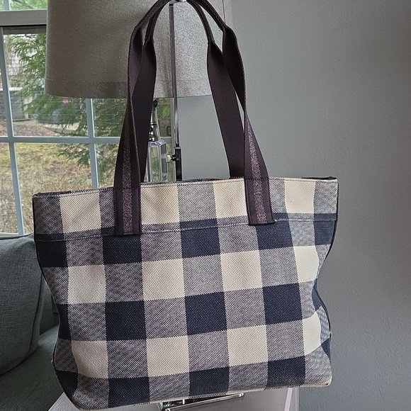 COACH Navy Buffalo Plaid Canvas Tote - Picture 3 of 16